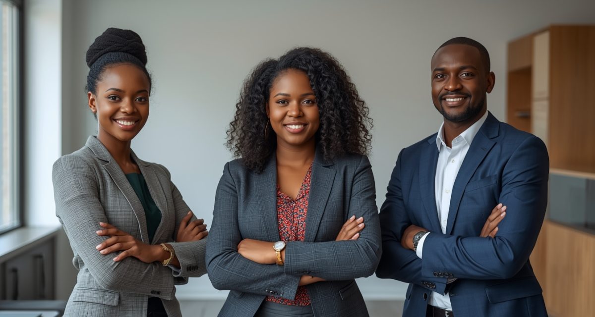 lucid origin professional african banking staff standing confidently in a modern microfinance 0